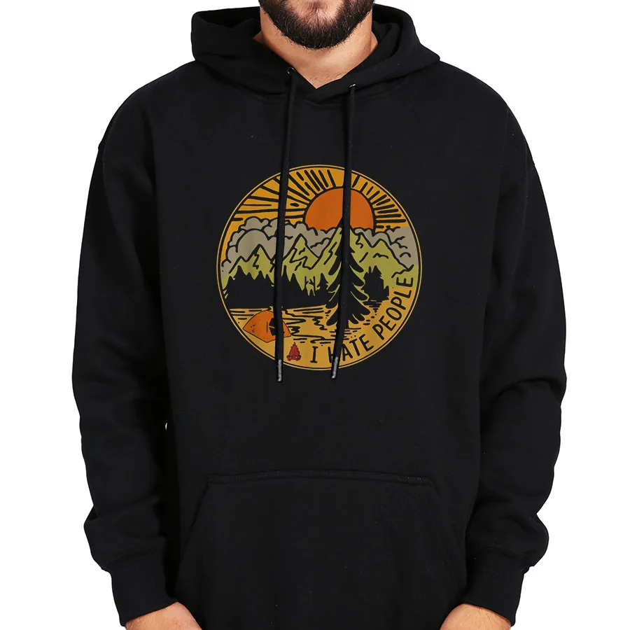 

I Hate People Hoodies Love Camping Funny Hiking Retro Graphic Printed Sweatshirt Black Long Sleeve Velvet Warm Soft Hooded