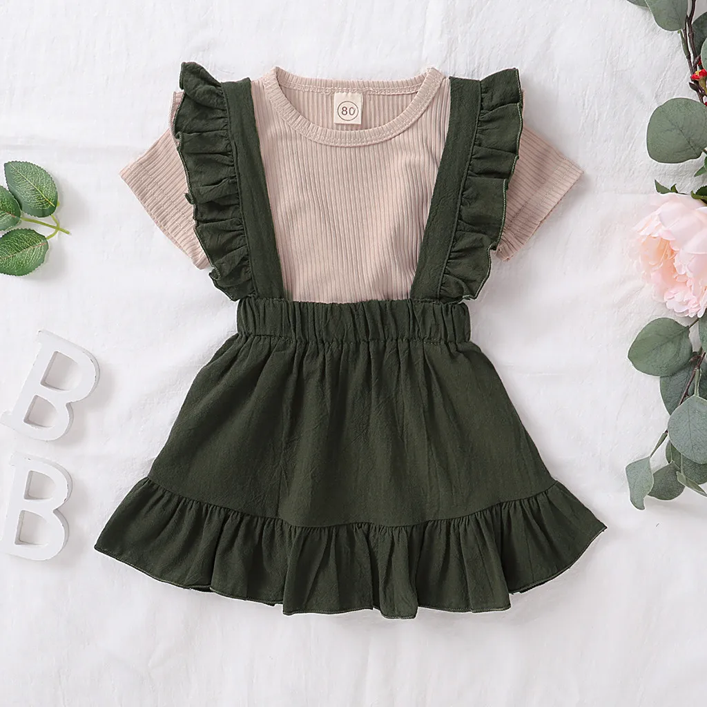 toddler baby set girl fashion summer outfits Solid T-shirt Tops+Ruffle Suspender Skirts Outfits Sets vestiti bambino t5 | Мать и ребенок