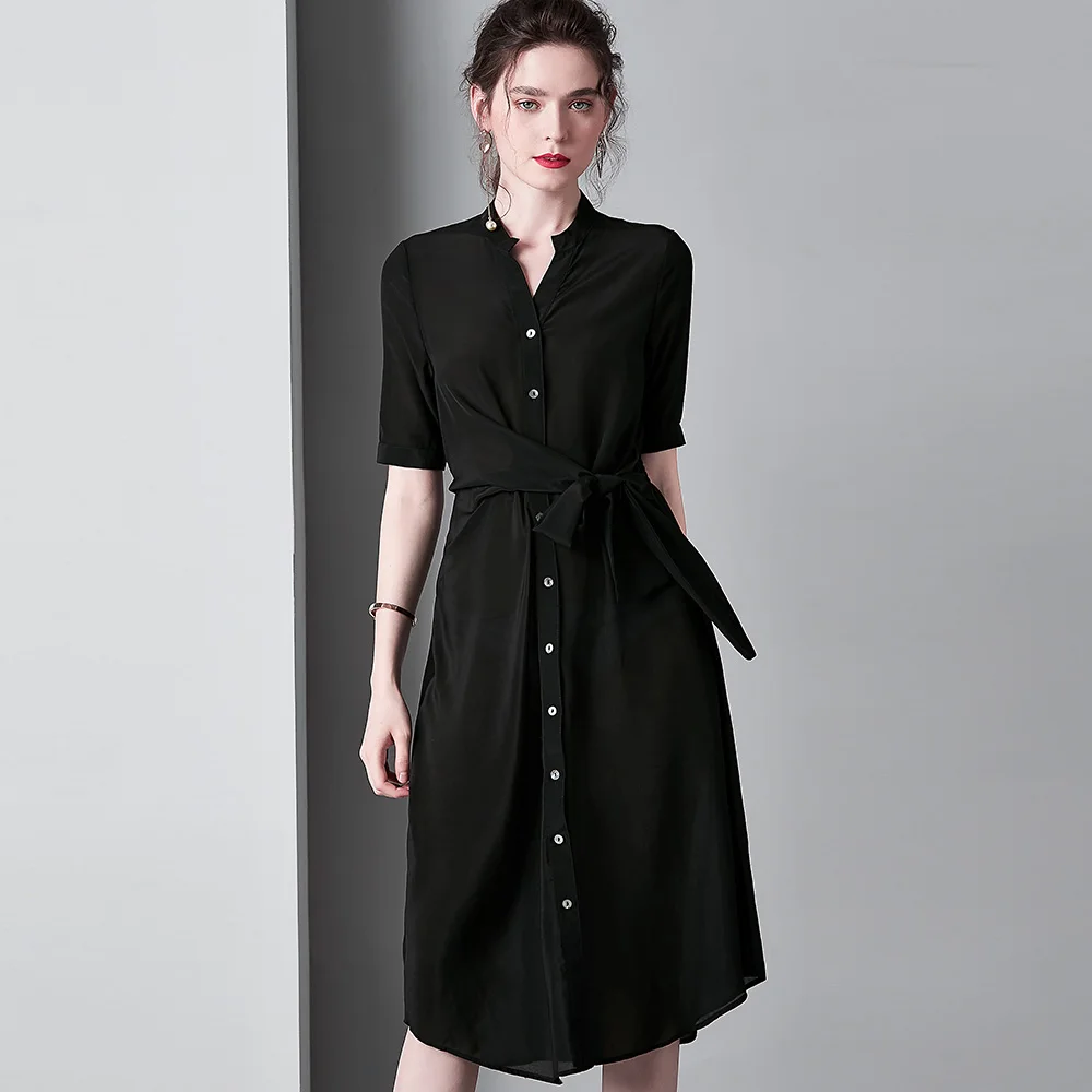 100% шелковое платье для женщин однотонное с поясом и пряжкой v-образный вырез