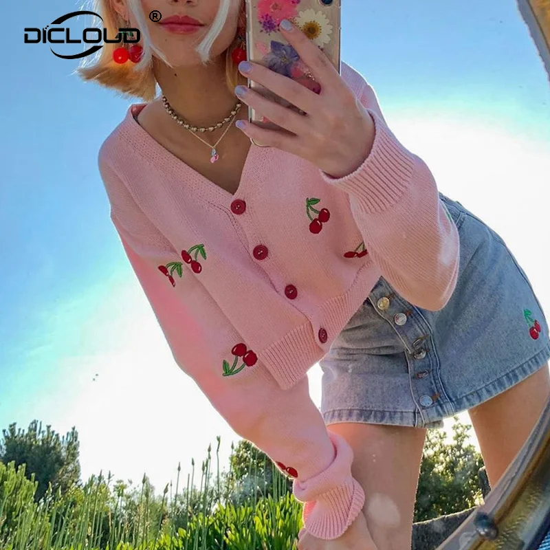 Женский Укороченный кардиган с вышивкой вишни в стиле Харадзюку осень 2020| |