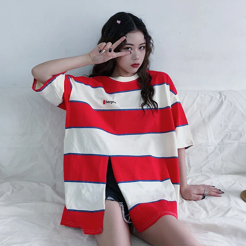 Женские футболки большого размера женские летние полосатые топы BF для студентов