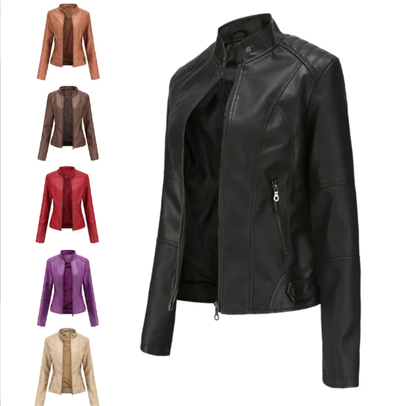 Женская Байкерская кожаная куртка на молнии красная черная абрикосовая кофейная