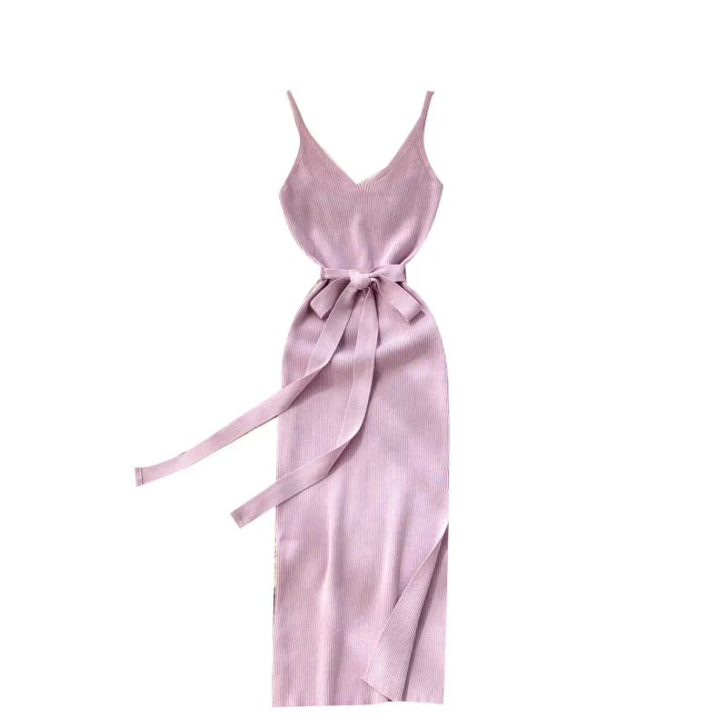 

Summer New Elegant V-Neck Sling Sleeveless Bandage Knitted Dress Bodycon Women Slim Party Evening Casual Clothing Female