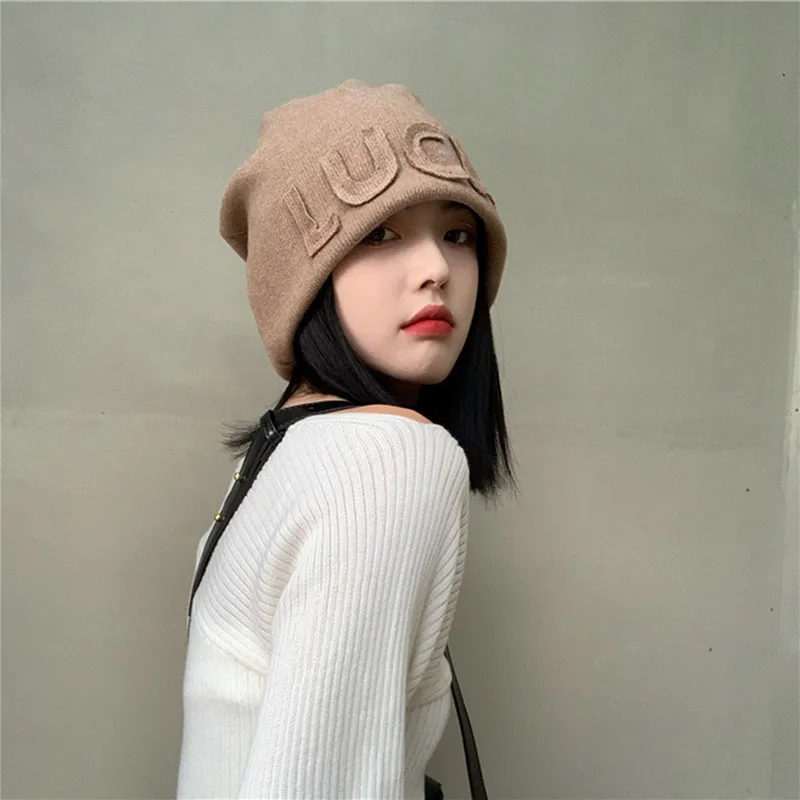 

Winter Hat For Women cotton Winter Cap Fashion Warm Knitted Beanie Hats Girly Solid retro letters Adult Cover Head Cap Balaclava
