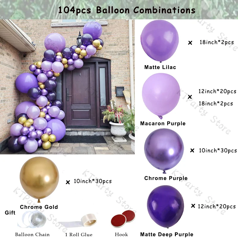 Guirnalda de Globos de Oro mate Lila, Kit de arco de globos cromado de color morado, para Baby Shower, cumplea&ntilde;os, g&eacute;nero, decoraci&oacute;n de boda, 104 Uds.-1