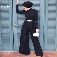black muslim pant jumpsuit prom dresses 2022 with train long sleeve arabic turkey formal evening dress cheap women night party