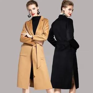 Женское кашемировое пальто, однотонное длинное шерстяное пальто в волнистую полоску, Двустороннее пальто в европейском стиле на осень и зиму