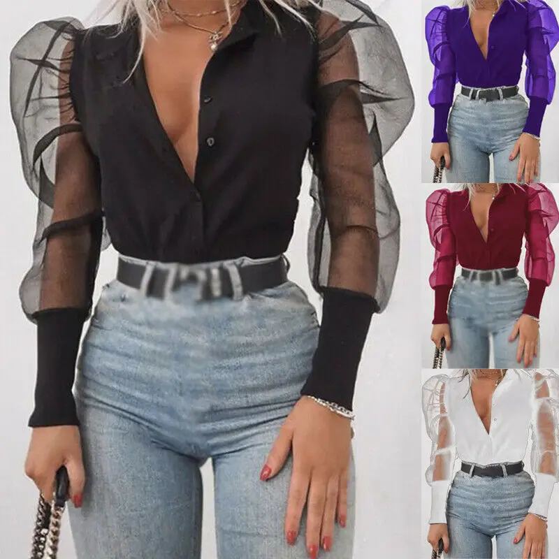 Women Sexy Long Sleeve Transparent Shirt Casual Blouse Mesh Sheer Tops Autumn Clothes V neck Blouses | Женская одежда