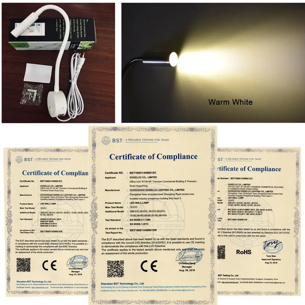 

2pcs New Design Reading Lamp LED Wall lamp 3W for Bedside Study Book Lamp Black Silver White wall light EU US Plug Cord