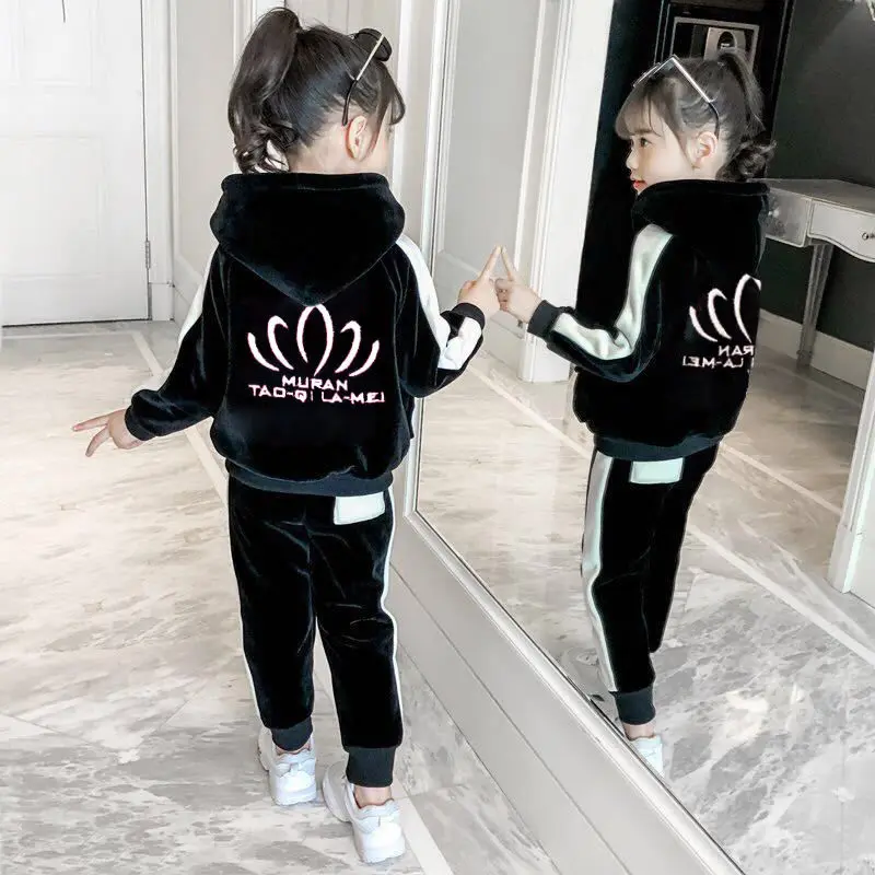 Girls Children's Winter Thick Velvet Warm Clothing Set 2Pcs Kids New Casual Tracksuit Children's Sportswear Suit  4-13 Years