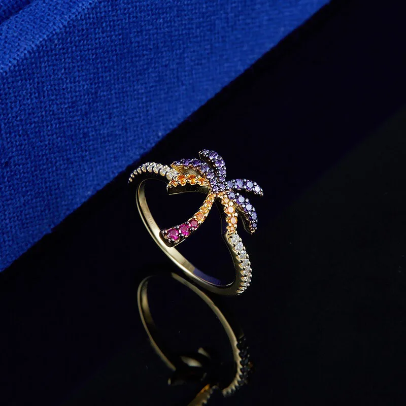 Женское кольцо из серебра 925 пробы с разноцветными пальмами|Кольца| |