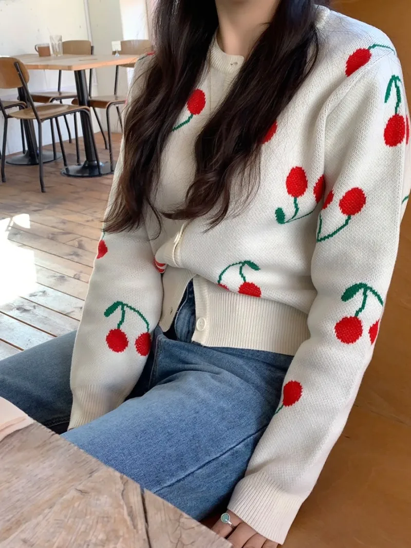 

Women Cardigan Cute Cherry Print Single Breasted Knitted Sweater Sweet cardigans Loose outwear cardigan women one size kpop
