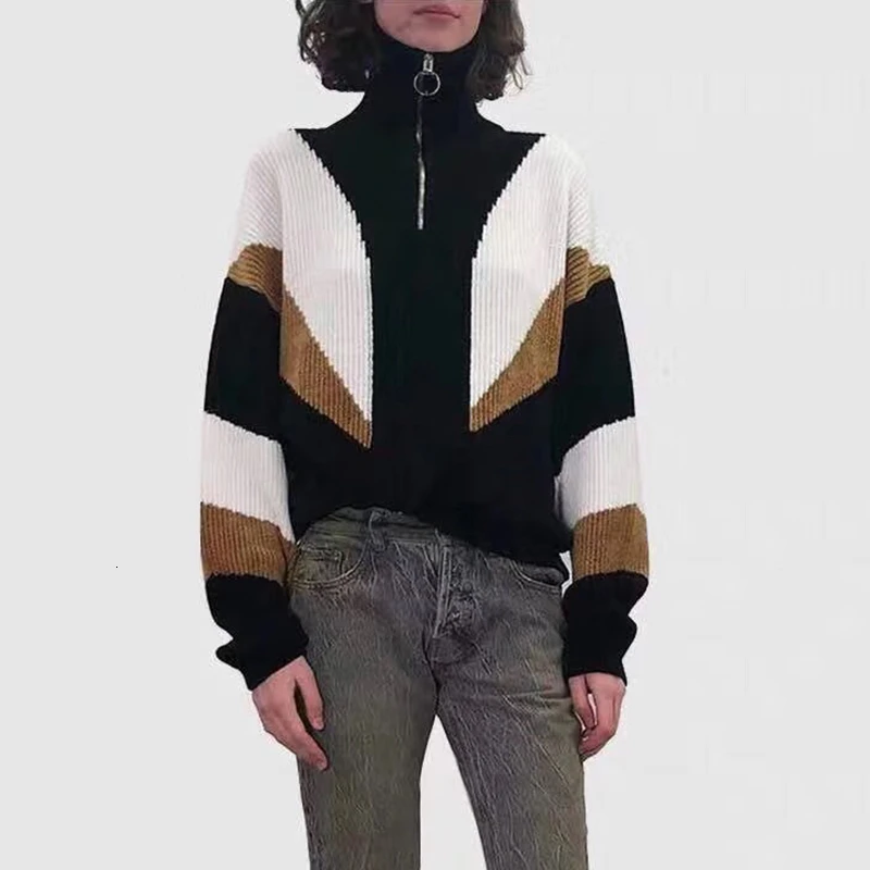 TWOTWINSTYLE полосатый хит цвет вязаный свитер для женщин воротник с лацканами на