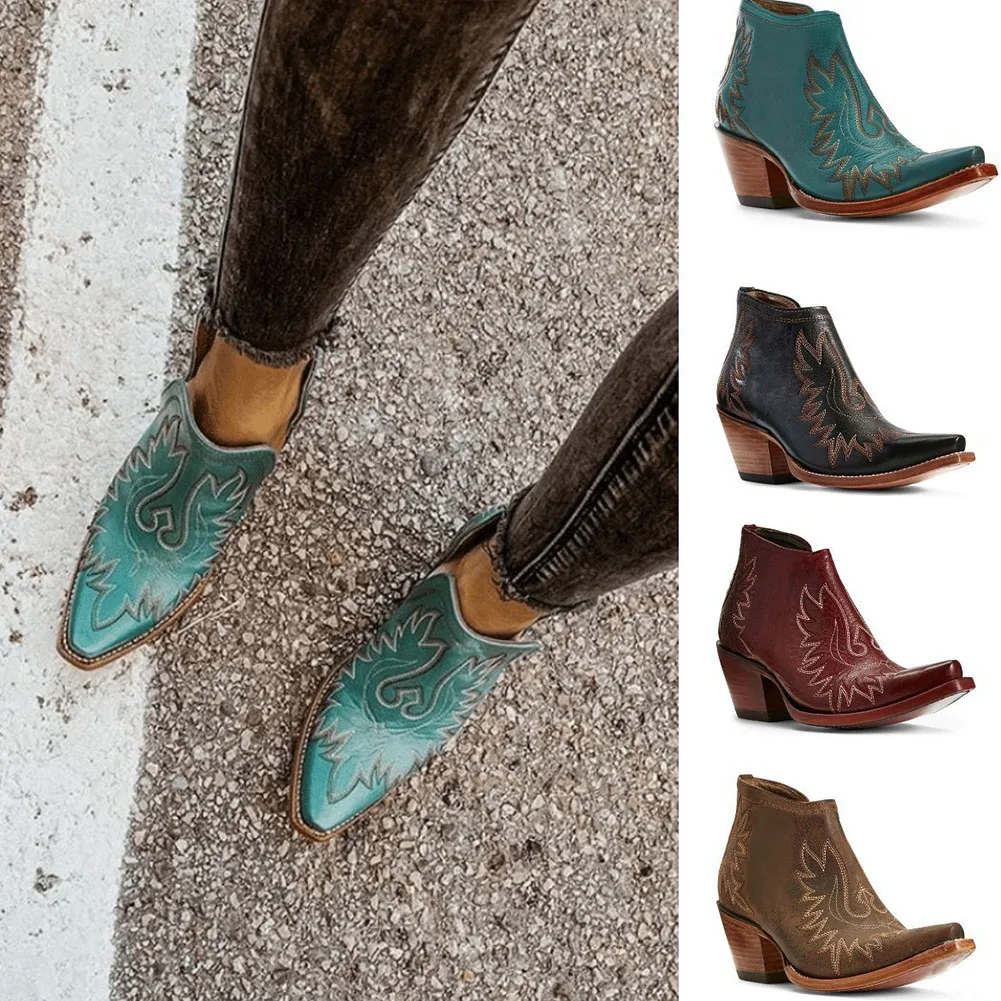 BONJOMARISA 2021 New Trendy Female Pointed Toe Western Boots For Women Casual Chunky Heel Vintage Embroidery Cowboy Shoes Woman