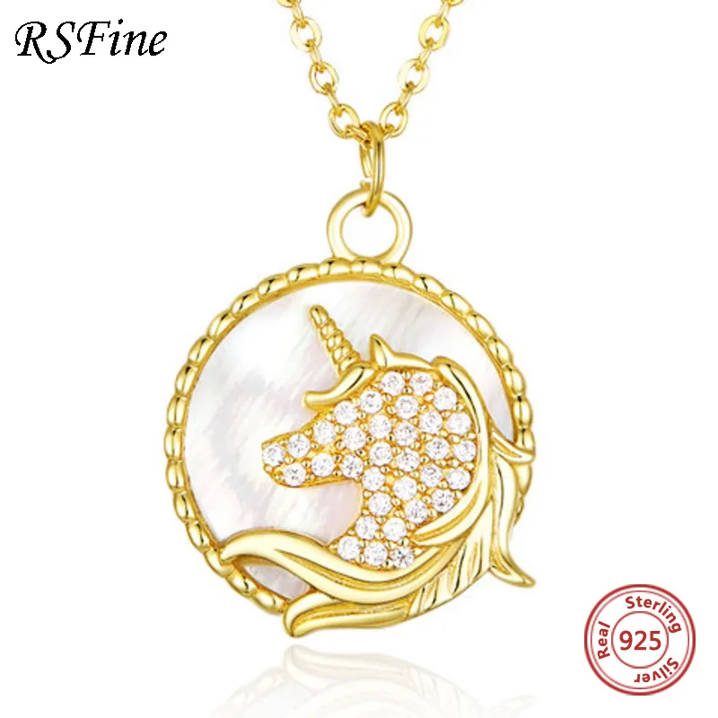 

925 sterling silver unicorn necklace female Diamond White Fritillaria choker shell round pendant for mother women Fine jewelry
