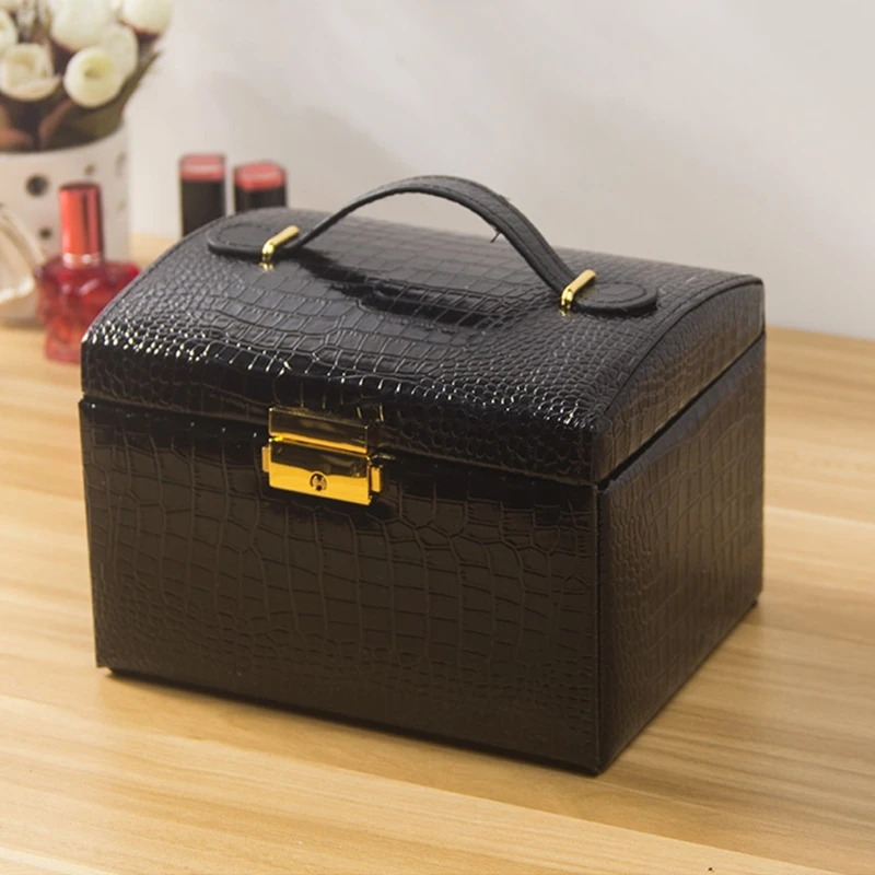 

Lockable Mirrored Jewelry Box Necklace Ring Storage Organizer Synthetic Leather Large Jewel Cabinet Case Jewelry Display