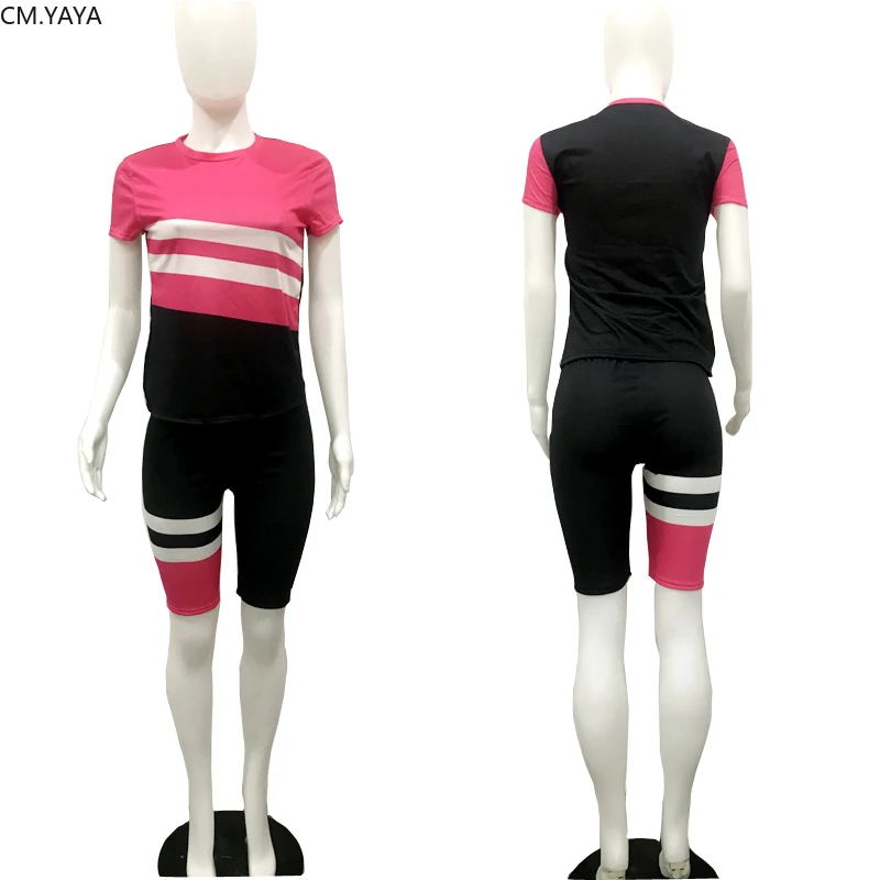 Women Two Pieces Sets stripes patchwork Tracksuits short sleeve tee tops shorts jogger pants suit Sporty Outfits matching set | Женская