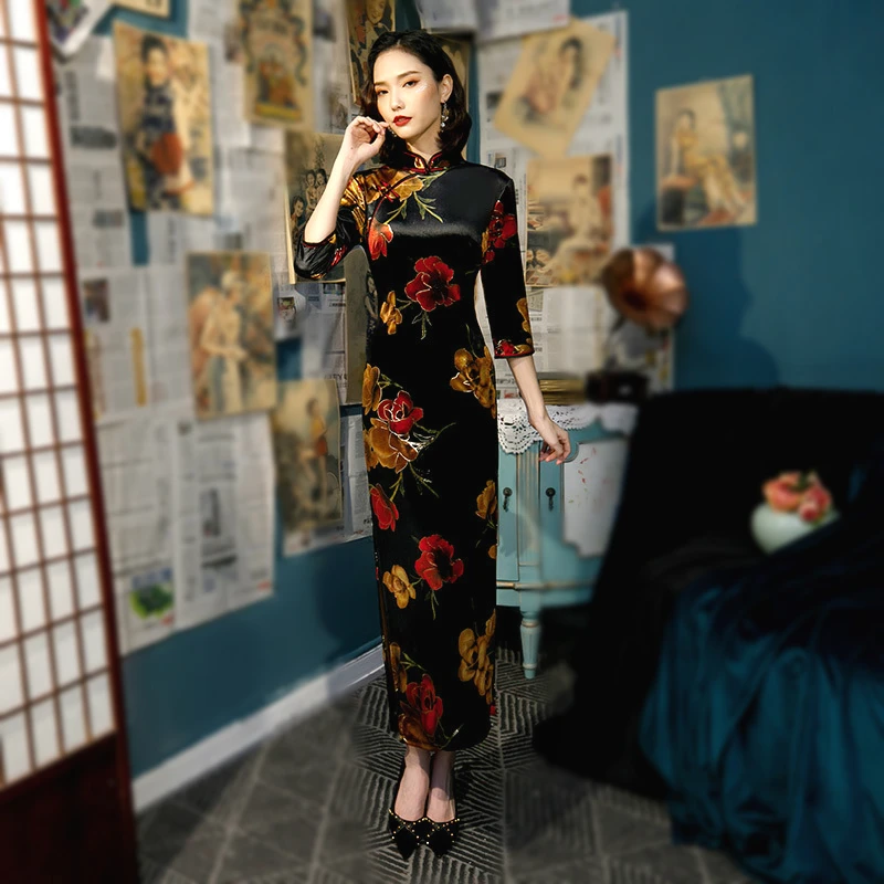 Осенняя одежда 5XL 4XL черный Чонсам с цветами вельветовое платье гибкие Qipao женские Chipao китайские винтажные Длинные платья эластичные силы