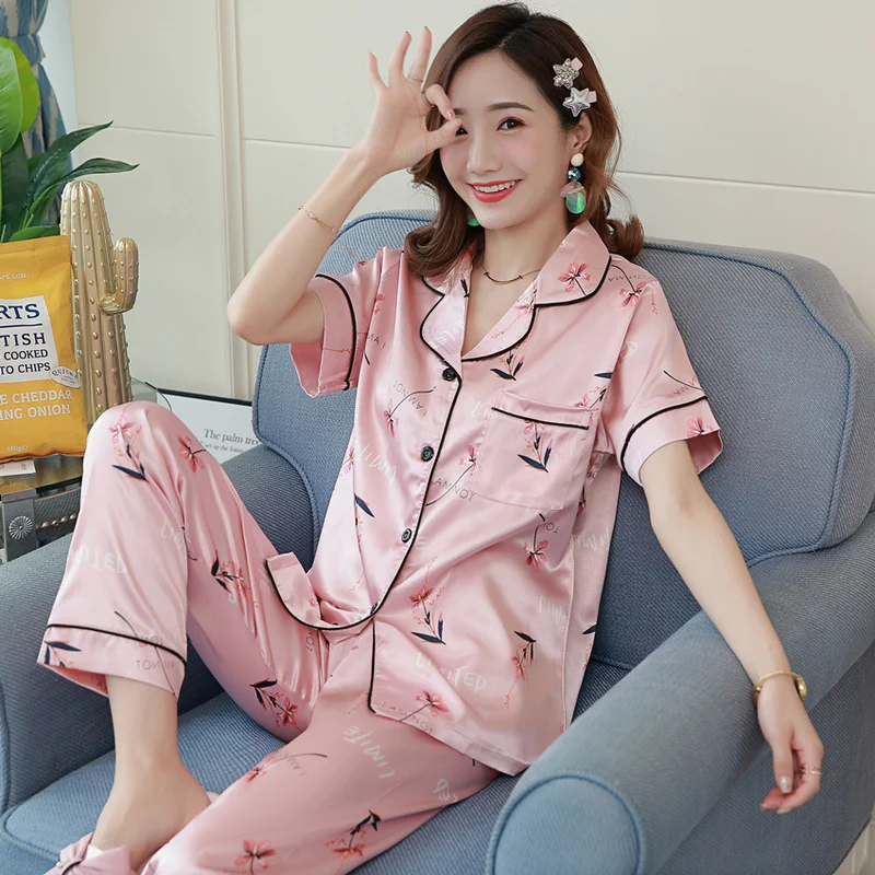 

New Short Sleeve Silk Pajamas Soft Women Summer Autumn Home Set Girl Sleepwear Set Pyjamas Plus Size 3XL 4XL 5XL Nightwear Set