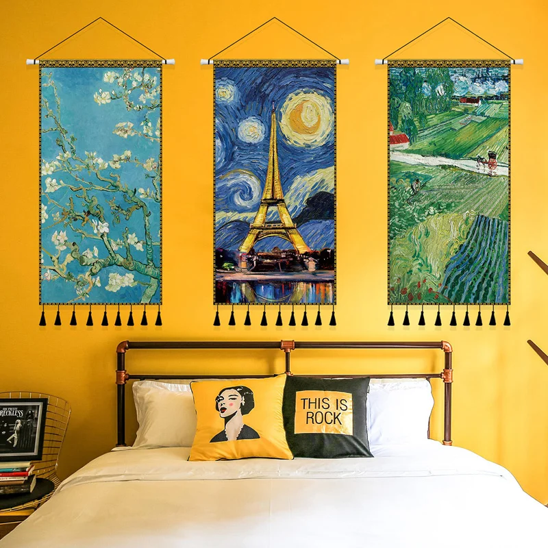 Tapiz colgante con pintura al &oacute;leo de Van Gogh, cubierta de pared con borlas hechas a mano, manta de tela, accesorios de decoraci&oacute;n para el hogar-0
