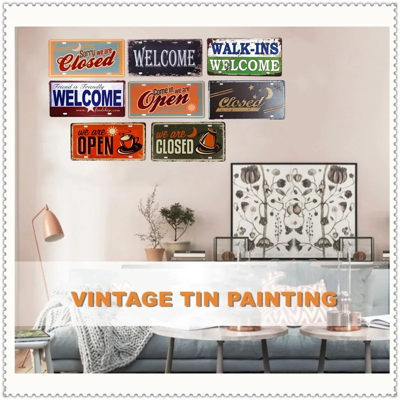 

Shabby Wall Metal Tin Signs WELCOME License CAR PLATE Vintage Bar pub home Wall Decor Shabby Art Plaque Retro Painting