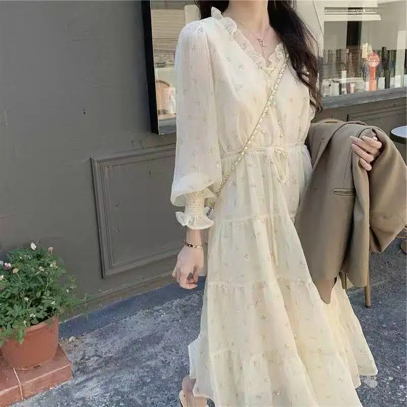 

2021 Spring New Women's Dress French Style Chiffon V-Neck Long Sleeve Jumpsuit Dress Puff Sleeve Chiffon Office Lady