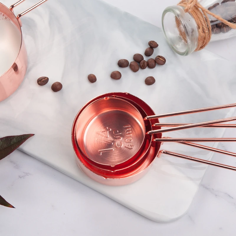 

Rose gold Stainless Steel Measuring Cups and Spoons set of 8 Engraved Measurements,Pouring Spouts & Mirror Polished for Baking a