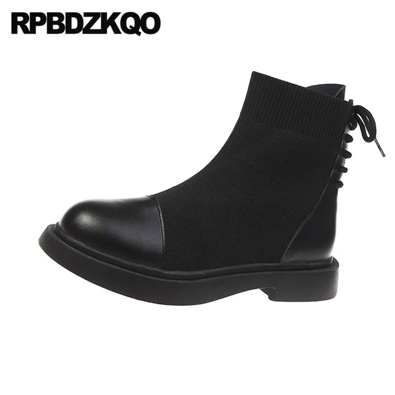 Женские ботильоны на шнуровке черные недорогие вязаные ботинки плоской подошве