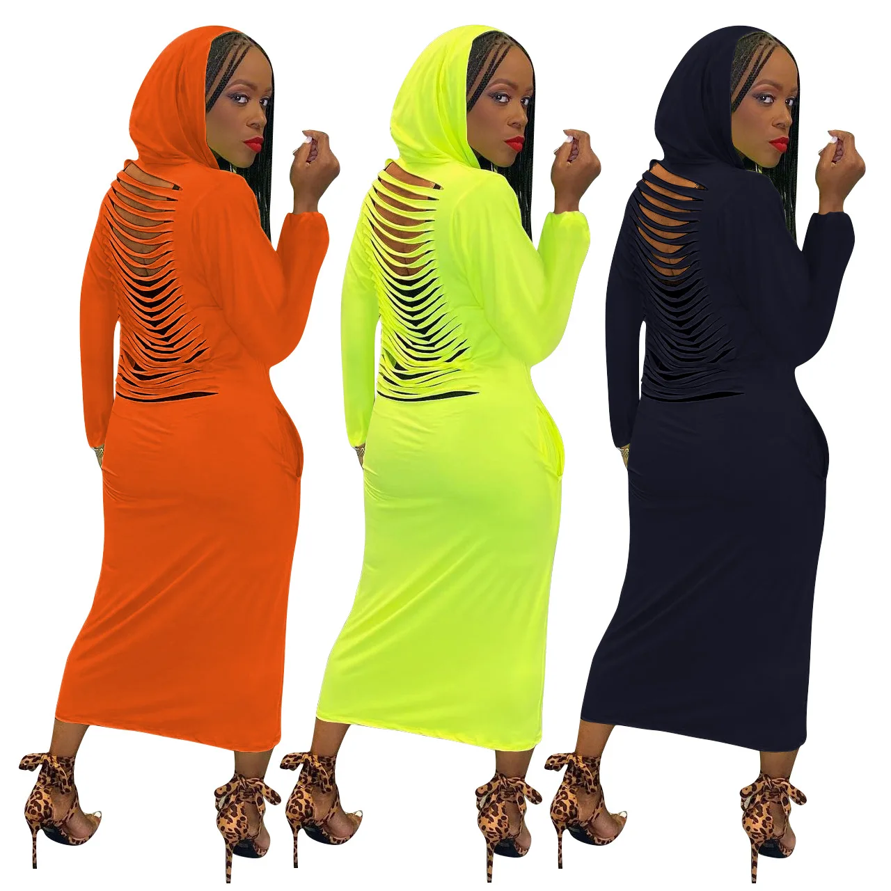 

Solid Color Sweatshirt Loose Dress Woman Hooded Long Sleeve Back Hollow Out High Street Ankle Length Bodycon Dresses 2021 Fall