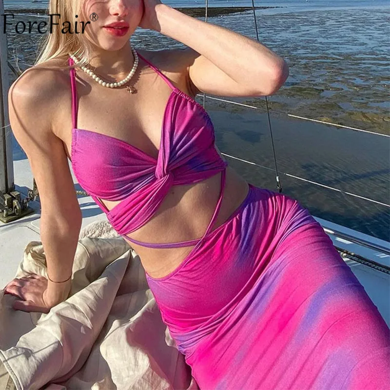 

Forefair Bandage Black Sexy Dress Backless Sleeveless Off Shoulder Maxi Halter Neck Women Party Y2K Beach Dresses 2021 Summer