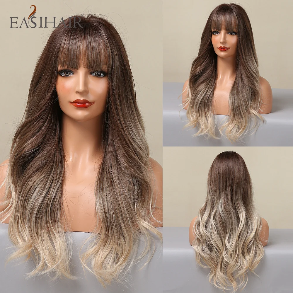 

EASIHAIR Long Synthetic Wavy Wigs with Bangs Ombre Brown Ash Glonde Heat Resistant Natural Hairs for Women Daily Cosplay Party