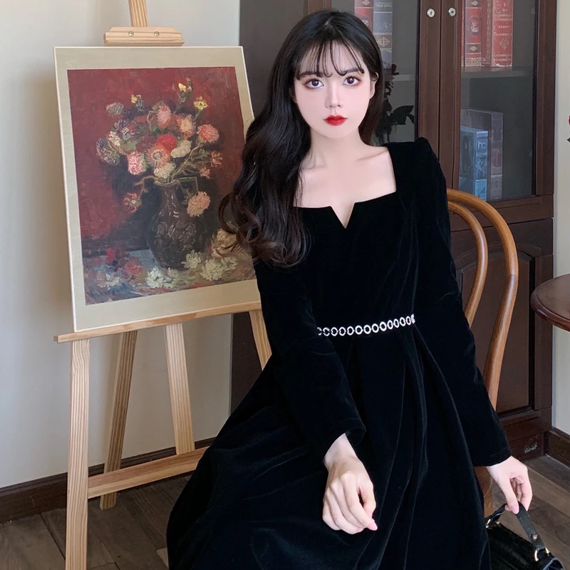 

2021 autumn winter vintage velvet black dresses vestido long sleeve square collar solid plus size long dress Women's clothing