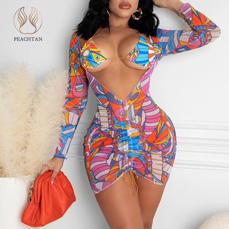

Peachtan Long sleeves 2 piece bikini set Print swimwear female Drawstring swimsuit women's swimming suit Sexy bathing suit 2021