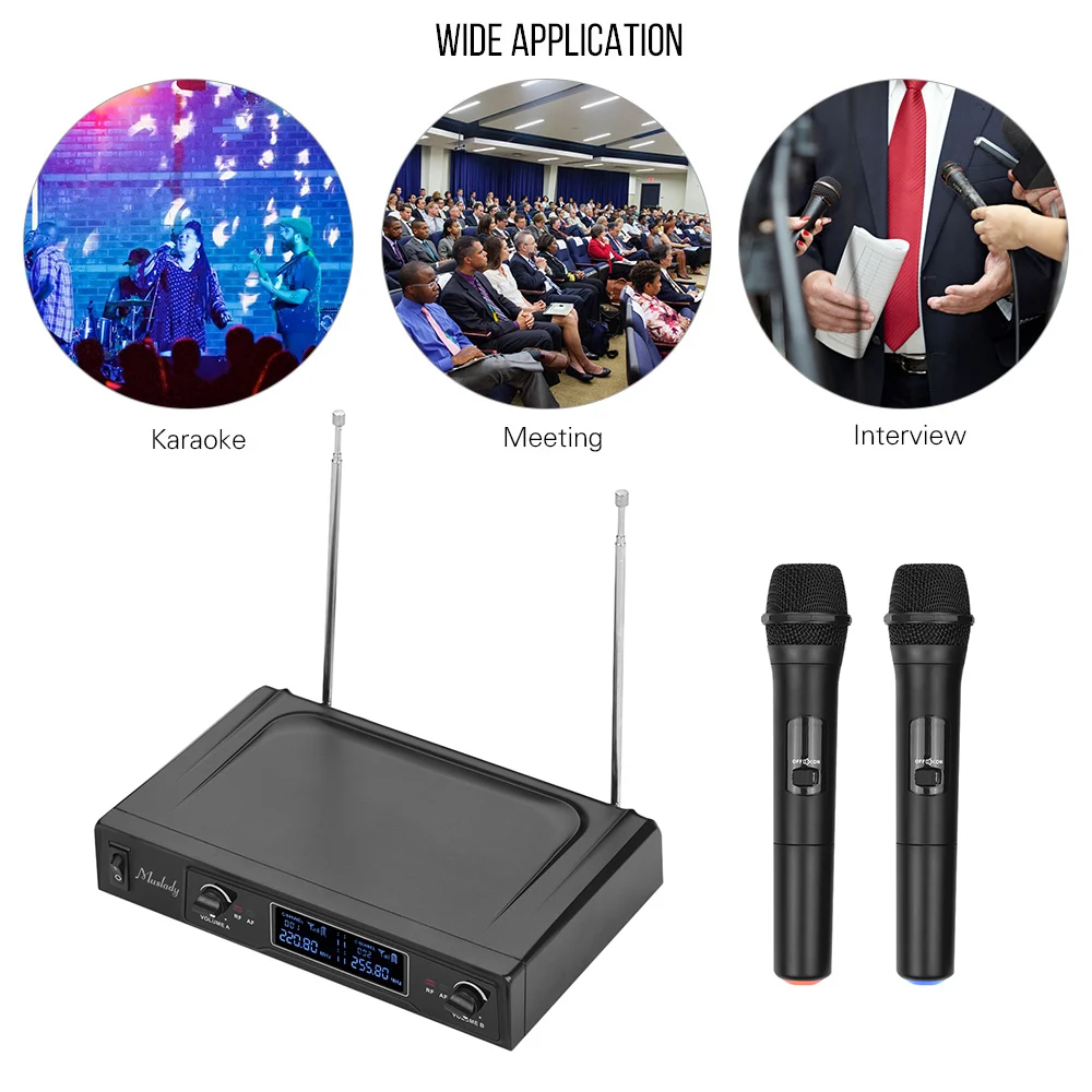 

Muslady V1 VHF Wireless Microphone System 2 Handheld Mics & 1 Receiver with LCD Display for Karaoke Home Entertainment Business