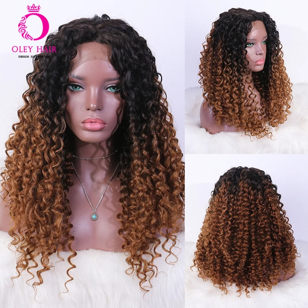 OLEY Hair New Arrivial Brown Wig Glueless Synthetic Lace Front Wig Ombre Black Afro Kinky Curly Cosplay Wigs For Black Women