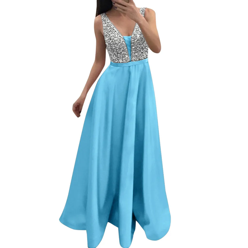Женская мода платья с блестками без рукавов вырезом в форме буквы V длинное