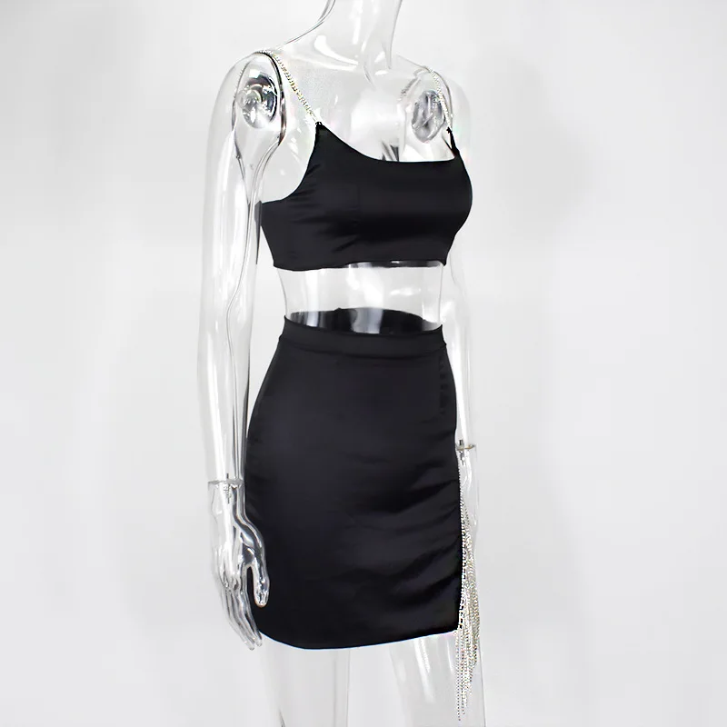 

2020 Tassels 2 Layers Glitter Two Piece Set Women Silky Satin Crystal Tassel Hem Mini Skirt Matching Sets Sexy Suits Outfits New