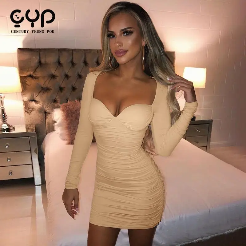 

2021 Women Autumn Long-sleeved Party Sexy Clubwear Dresses Slim Pleated Fashion Dress Deep V-neck Solid Color Bodycon Mini Dress