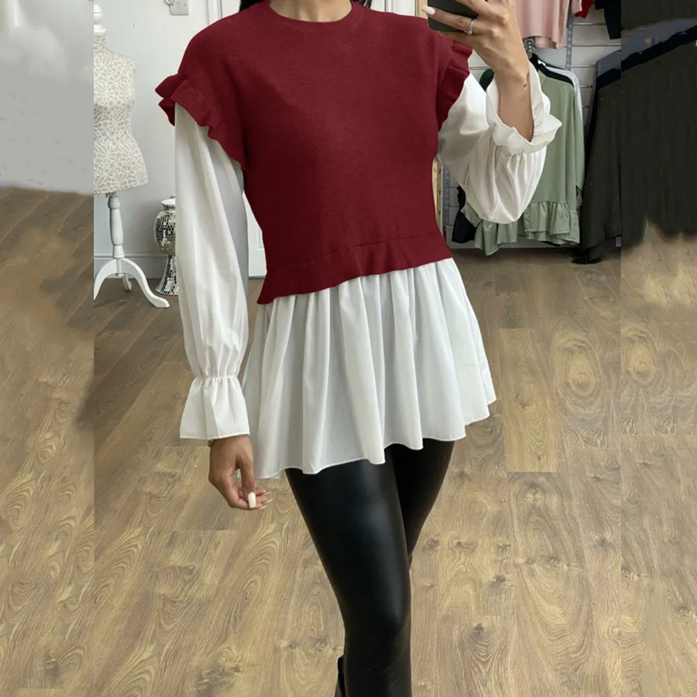 

2021 Spring New Round Neck Thread Stitching Ruffled Fake Two-Piece Tops Office Lady Long Sleeve Lotus Sleeves Pullover Blouse