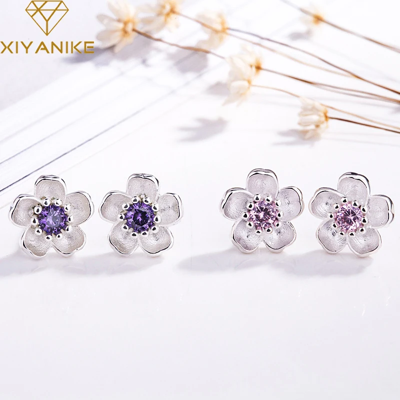 

XIYANIKE 925 Sterling Silver Handmade Flower Crystal Stud Earrings For Women Multi-Color Charm Zircon Small Ear Hoops Jewelry