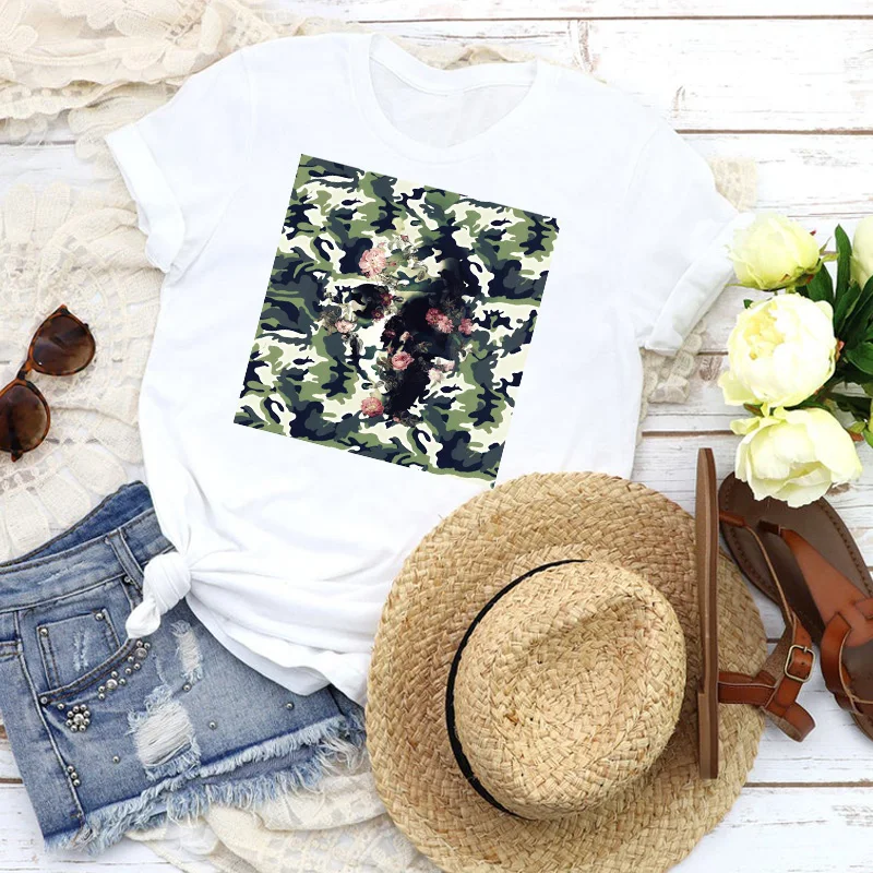 Женская футболка с рисунком черепа и ужасов цветочным принтом|Футболки| |