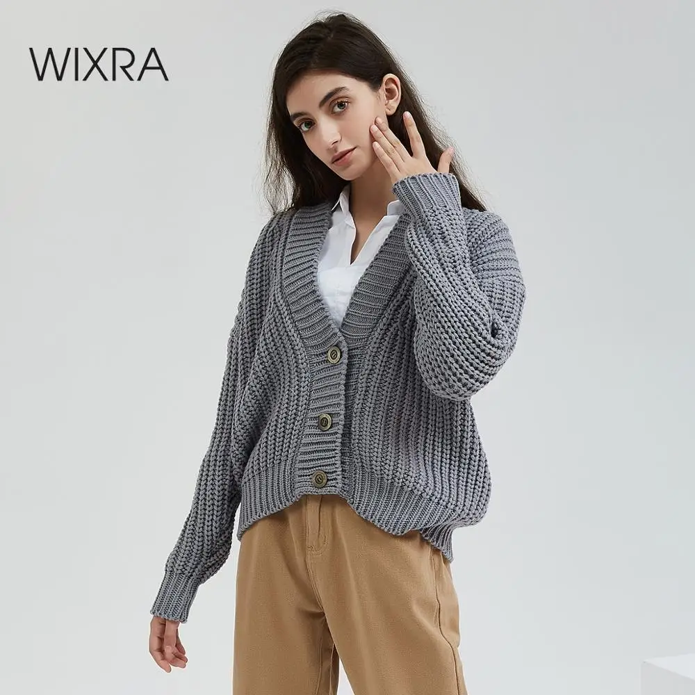 Wixra Knitted Chunky Cardigan Sweater Women Simple Solid Thick Button Clothing Stylish Tops for Female Autumn Winter |