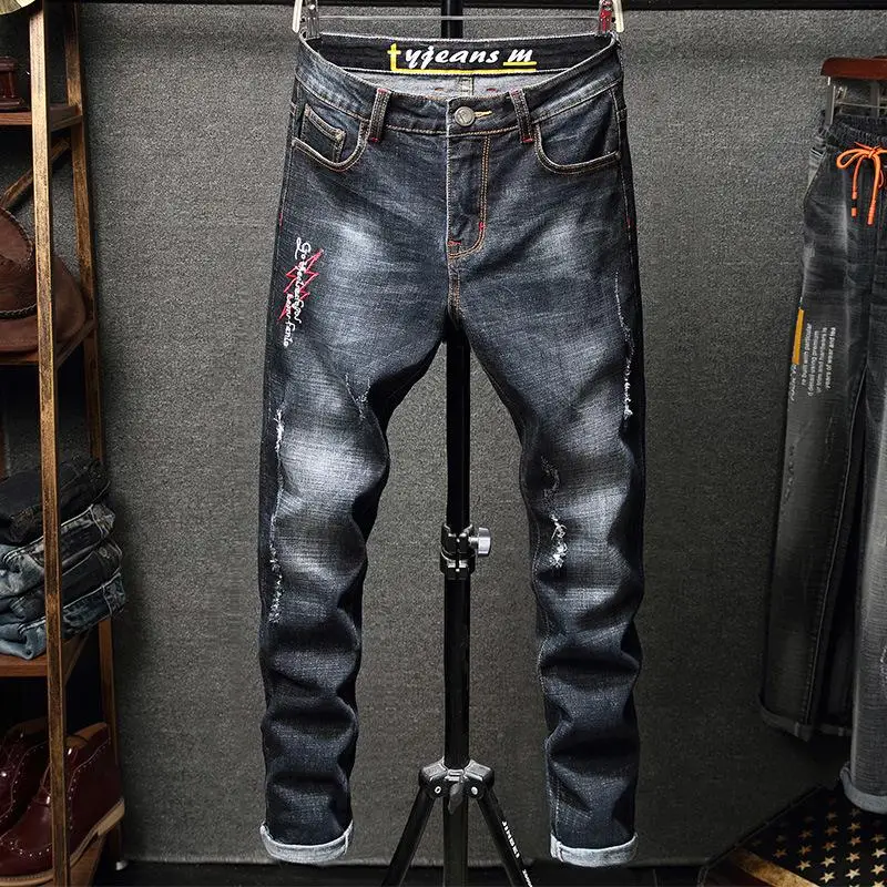 

Men's Casual Jeans Vintage Denim Long Pants Motorcycle Wrinkle Trousers