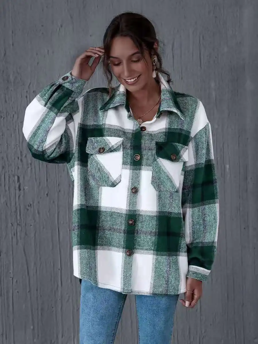 

New lapel long-sleeved cardigan button thick stitching plaid jacket 2021