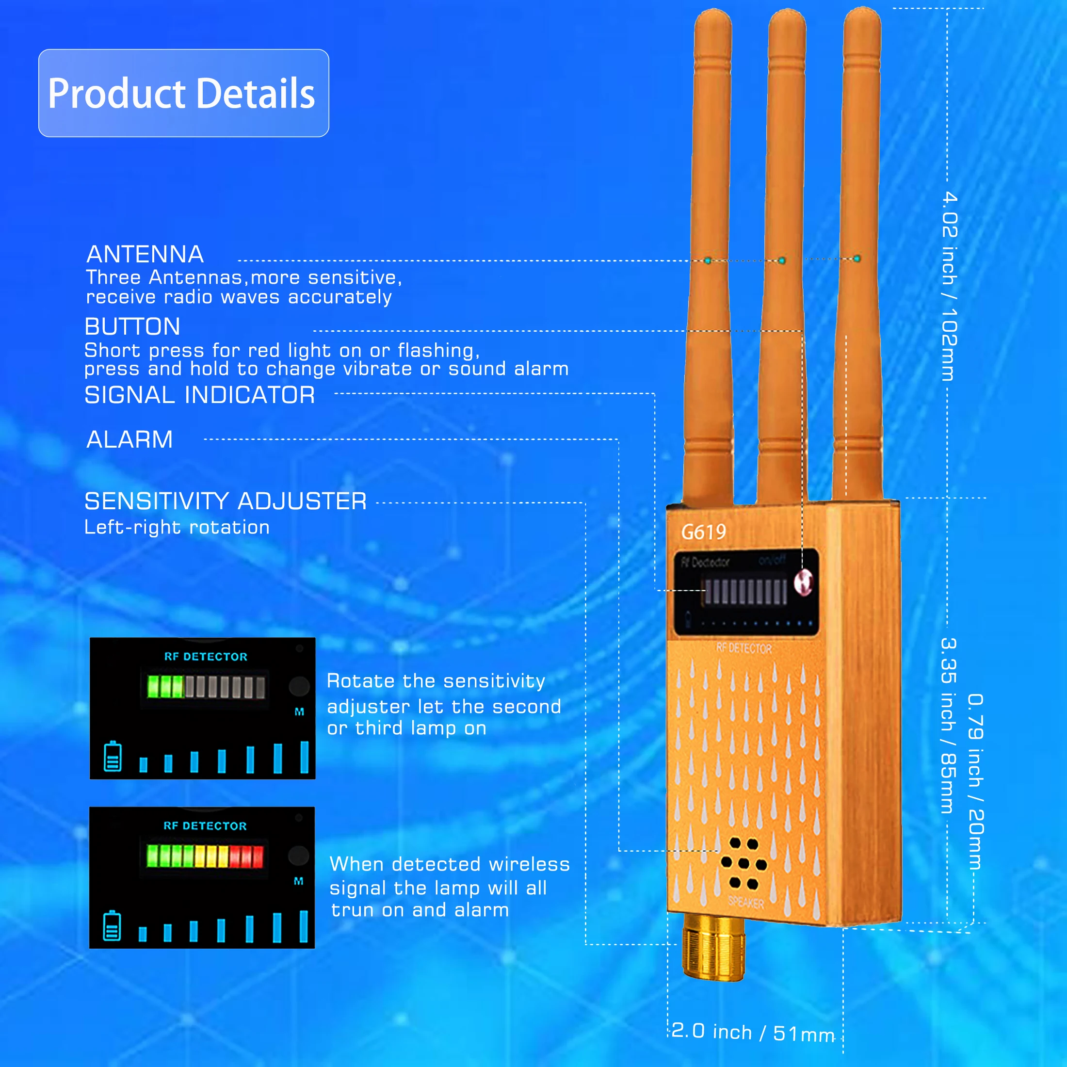 professional anti spy detector rf cdma signal finder for gsm bug gps tracker wireless hidden camera eavesdropping 3 antennas g61 free global shipping