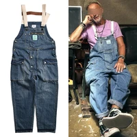 distressed blue denim overalls mens work cargo pants old school easy chic worker multi pocket bib trousers men casual dad jeans