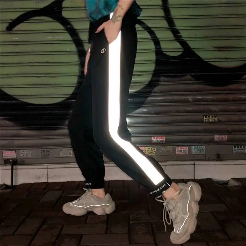 

Женские Светоотражающие Брюки с вышивкой, свободные повседневные брюки в Корейском стиле, облегающие леггинсы с эластичным поясом, спортив...