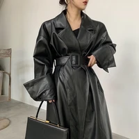 women clothing streetwear lautaro long oversized leather trench coat for women long sleeve lapel loose fit fall stylish black