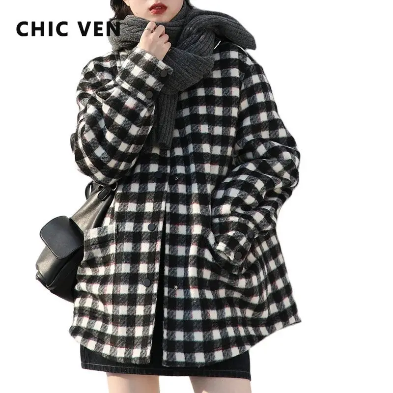 

CHIC VEN Autumn Winter Thick Quilted Coats Korean Casual Women Warm Cotton Padded Coat Vintage Loose Plaid Tweed Parkas Lady