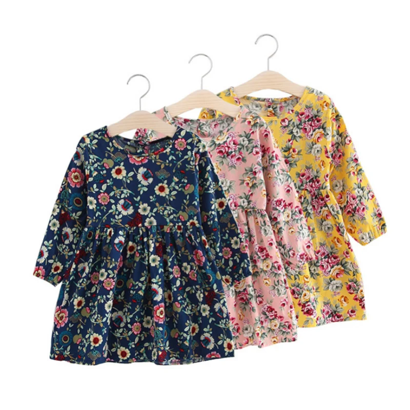2021 Spring Fall Kids Dresses for Girls Baby Clothes Children Long Sleeve Floral Print Princess Flower Girl | Детская одежда и
